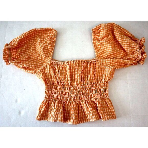 ASTR The Label ALT17038B-003 Women's Sz S Orange Check Puff Sleeve Smocked Top - Picture 6 of 6